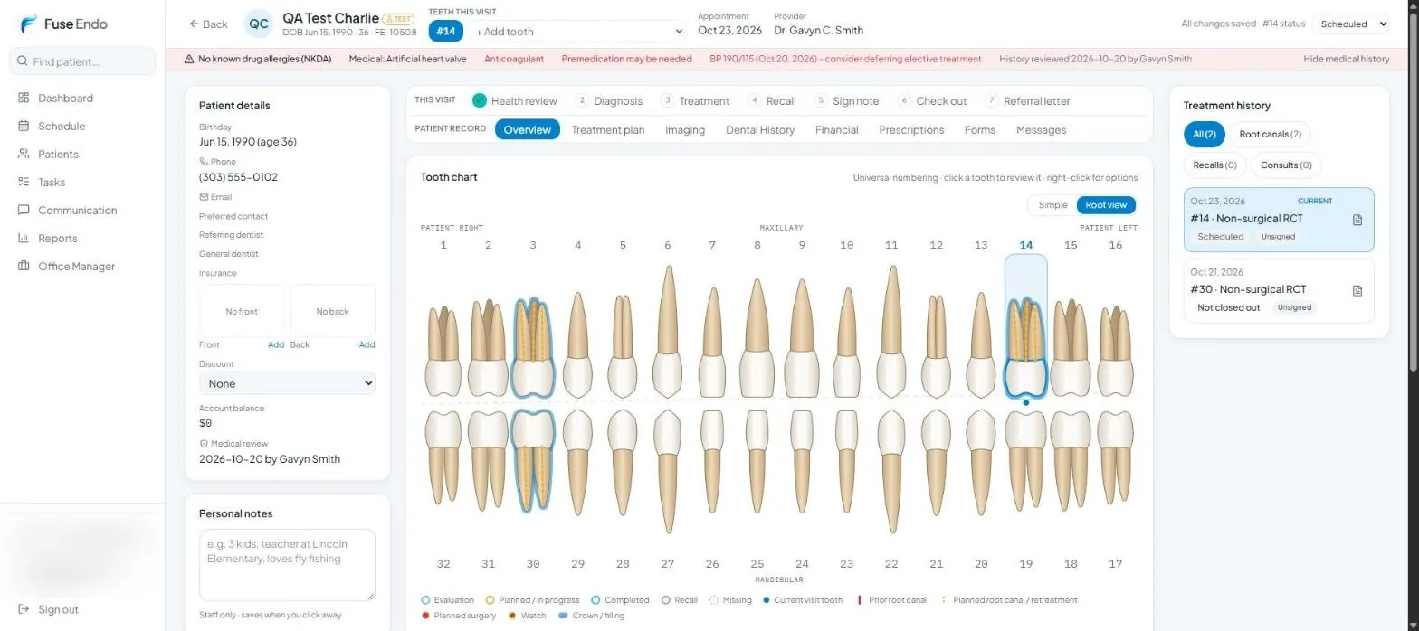Fuse Endo tooth chart in root view with the guided visit steps for fictional test patient QA Test Charlie